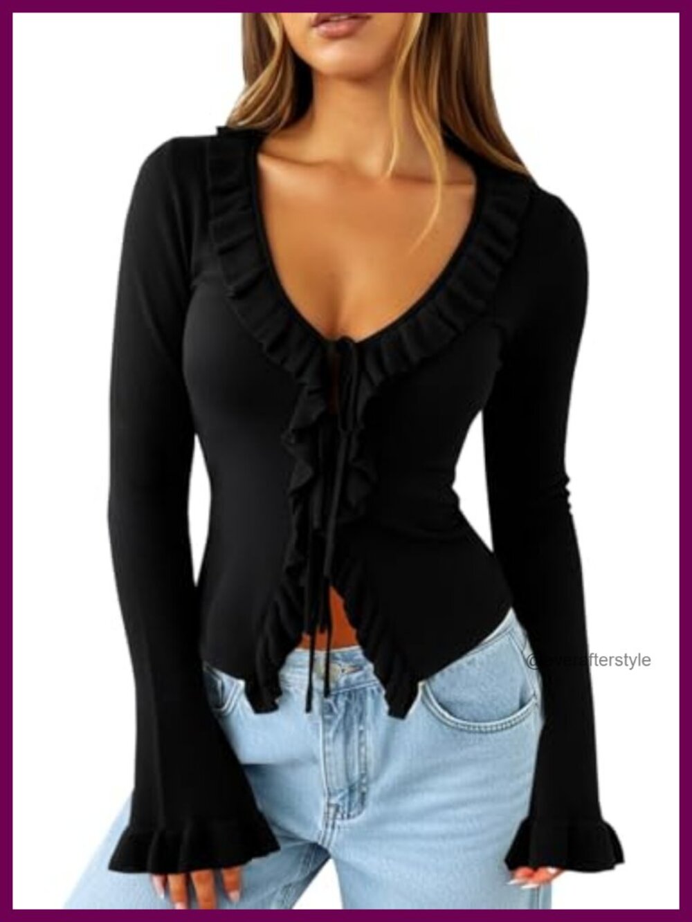 Ruffle Tie Front Cropped Cardigan Long Bell Sleeve Knit